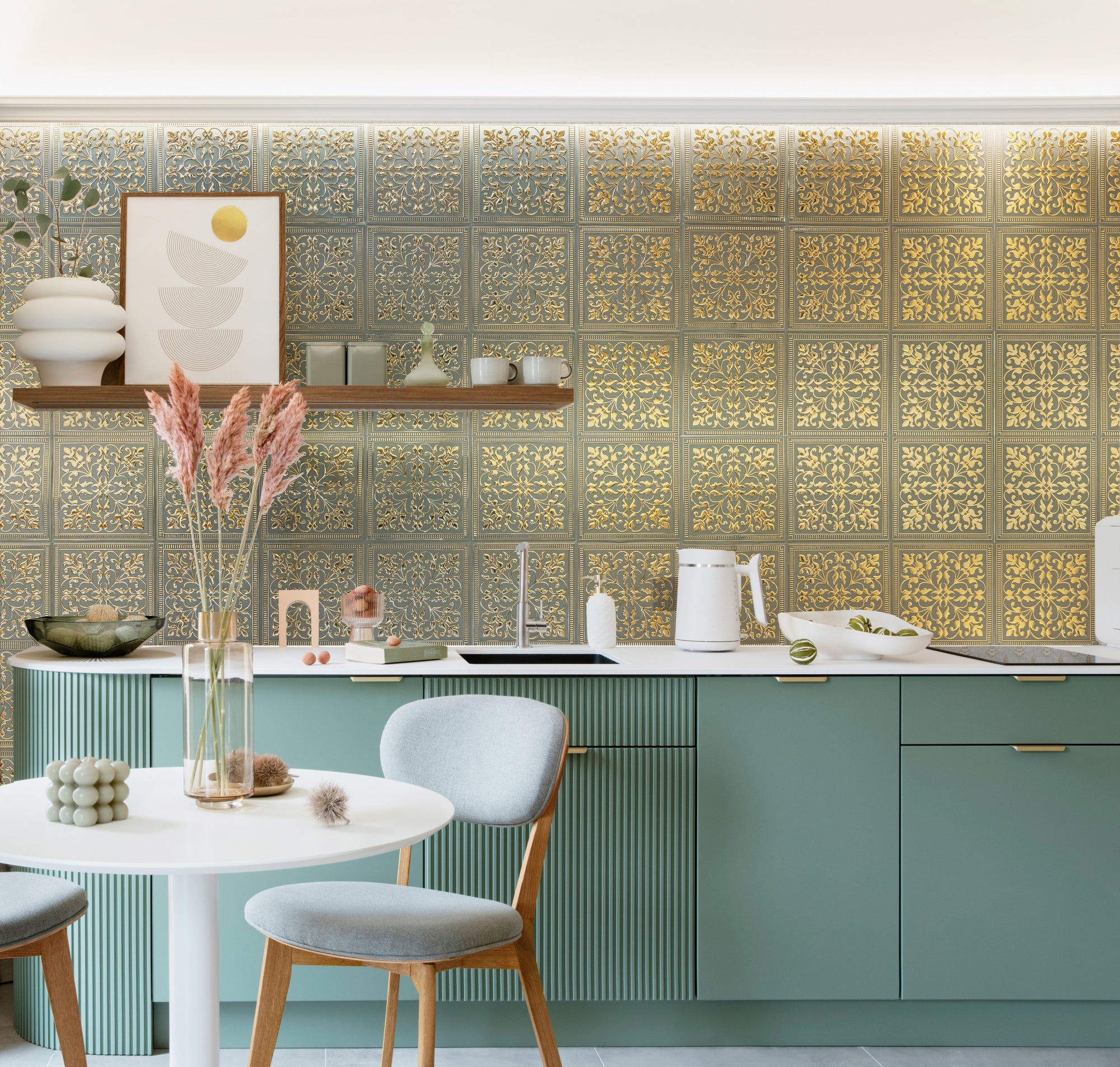 Peel and stick metal tile used as a water-resistant kitchen backsplash behind a sink and counter run, in WallWear's Rustic Farmhouse finish.