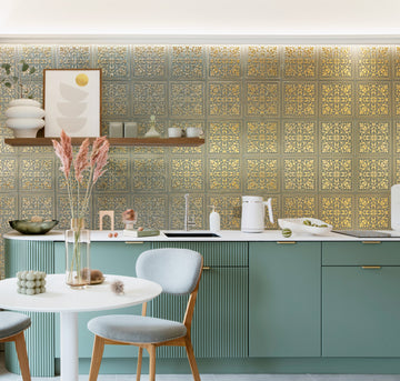 Peel and stick metal tile used as a water-resistant kitchen backsplash behind a sink and counter run, in WallWear's Rustic Farmhouse finish.