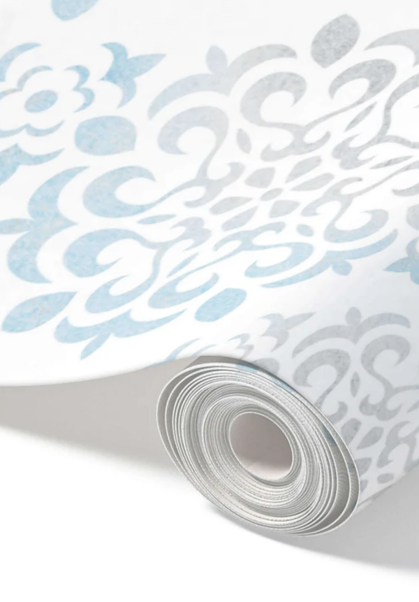 Blue Damask – Peel and Stick Wallpaper Roll 20.5" x 16 ft in Powder Blue and Taupe Damask Print