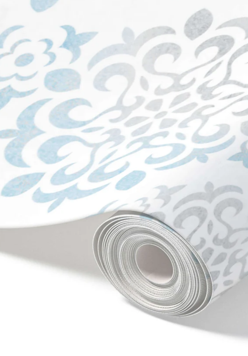 Blue Damask – Peel and Stick Wallpaper Roll 20.5" x 16 ft in Powder Blue and Taupe Damask Print