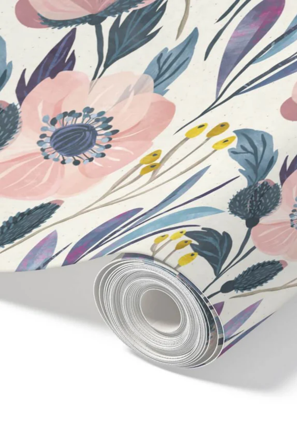 Pink Wildflowers – Peel and Stick Wallpaper Roll 20.5" x 16 ft in Pastel Meadow Bloom