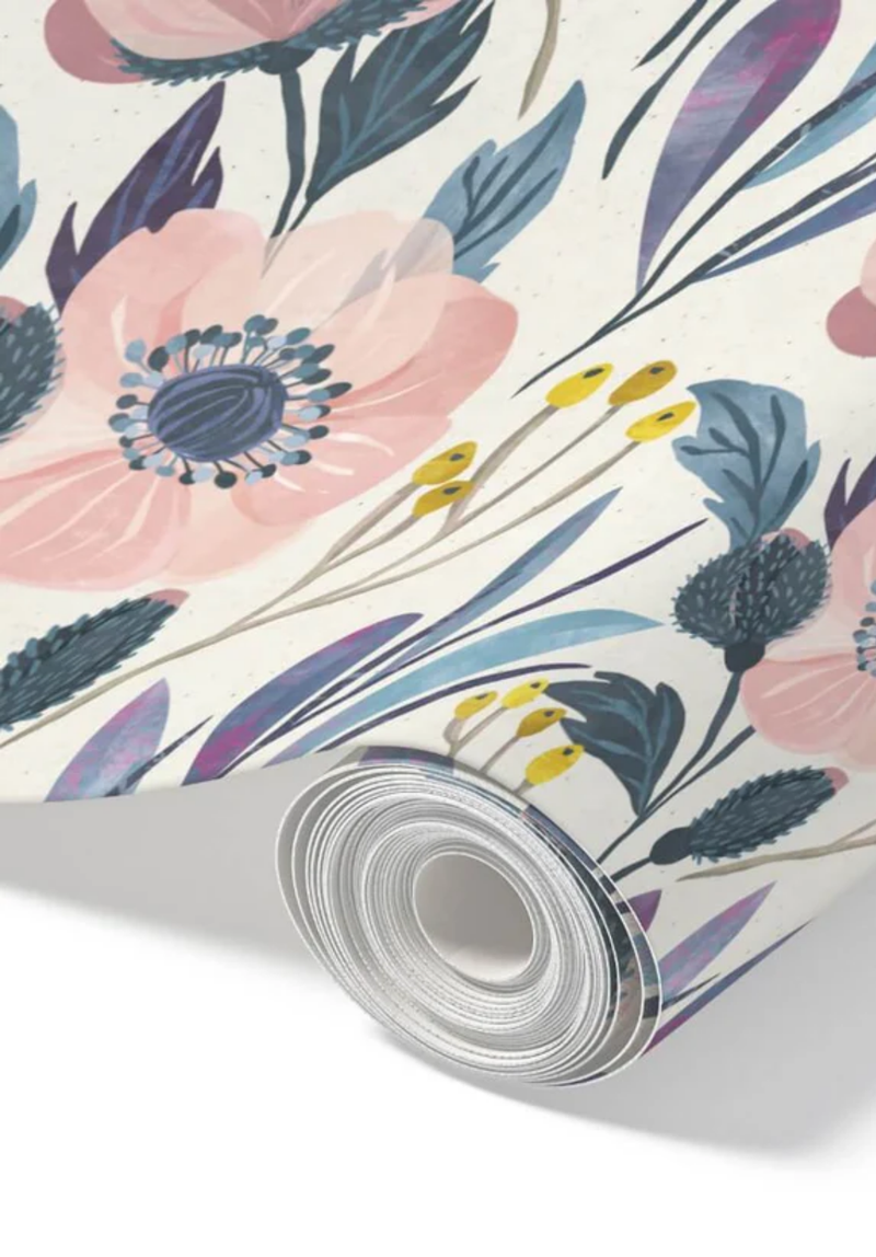 Pink Wildflowers – Peel and Stick Wallpaper Roll 20.5" x 16 ft in Pastel Meadow Bloom
