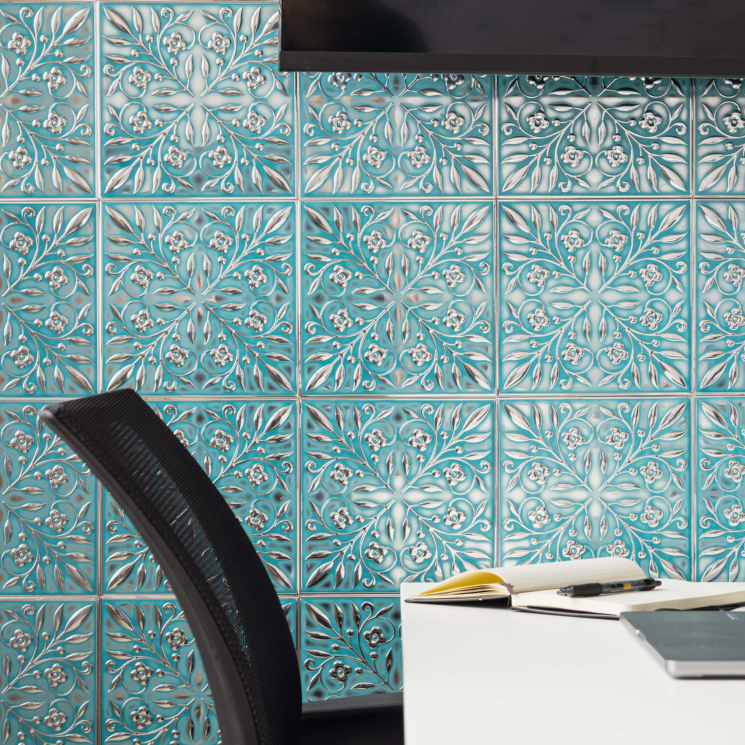 Teal and Silver Leaves Peel and Stick Metal Tiles – 10 Pack