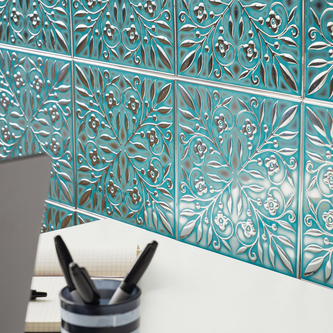 Teal and Silver Leaves Peel and Stick Metal Tiles – 10 Pack