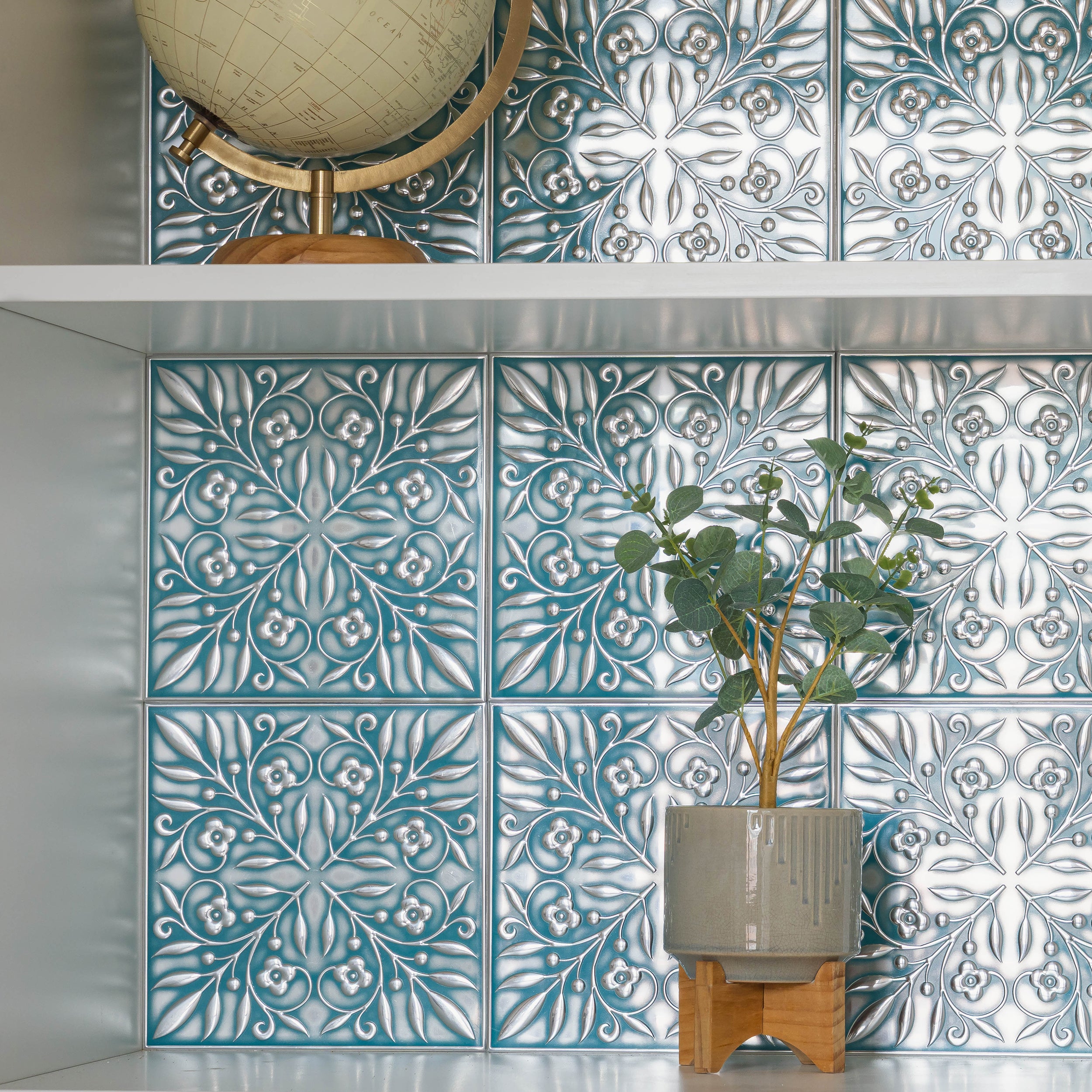 Teal and Silver Leaves Peel and Stick Metal Tiles – 10 Pack