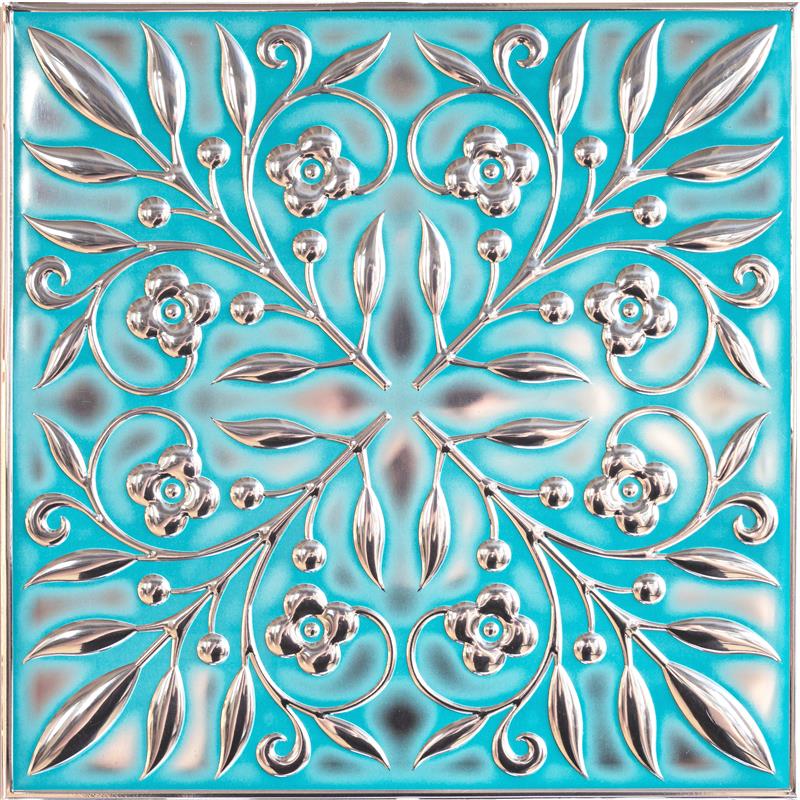 Teal and Silver Leaves Peel and Stick Metal Tiles – 10 Pack