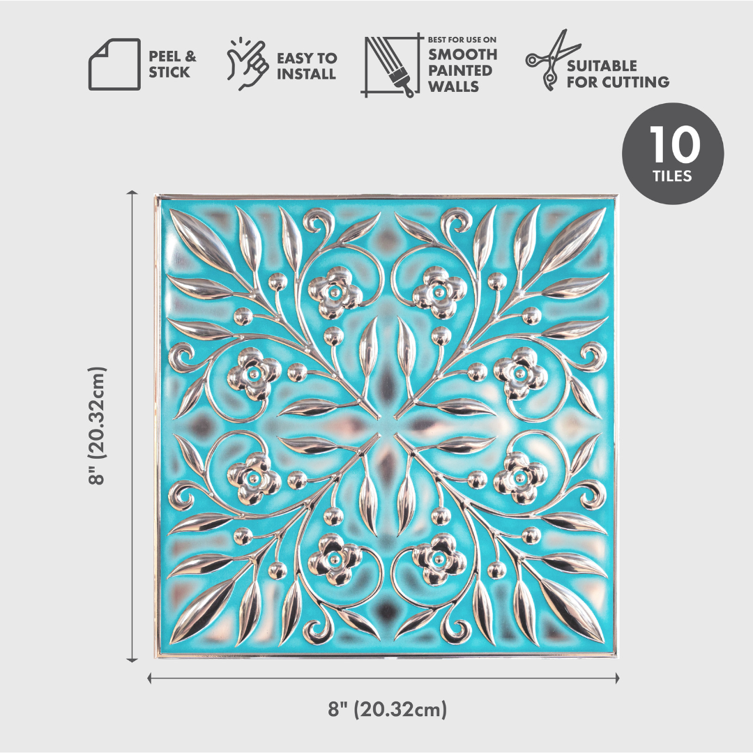 Teal and Silver Leaves Peel and Stick Metal Tiles – 10 Pack