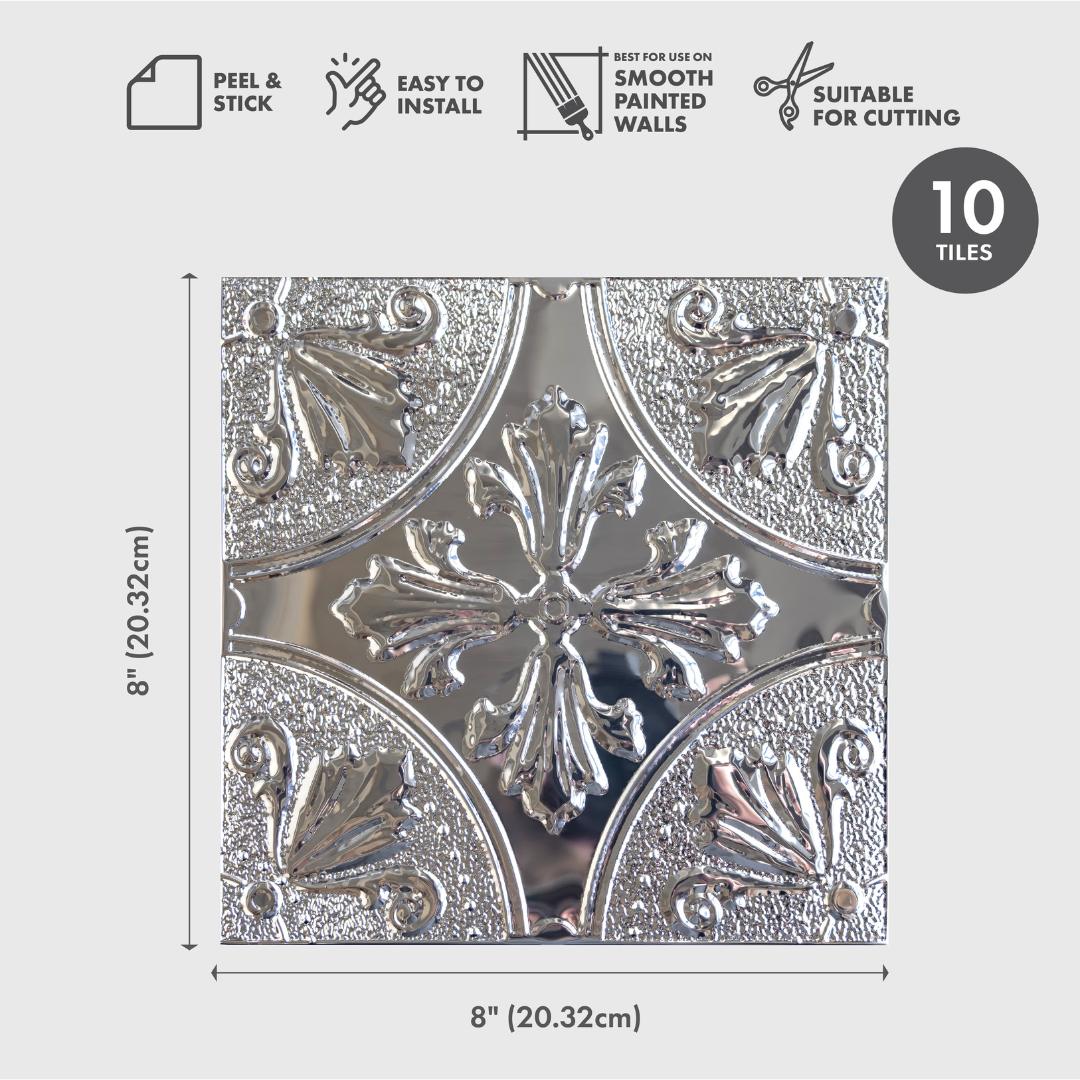 Silver Fleur Peel and Stick Metal Tiles – 10 Pack
